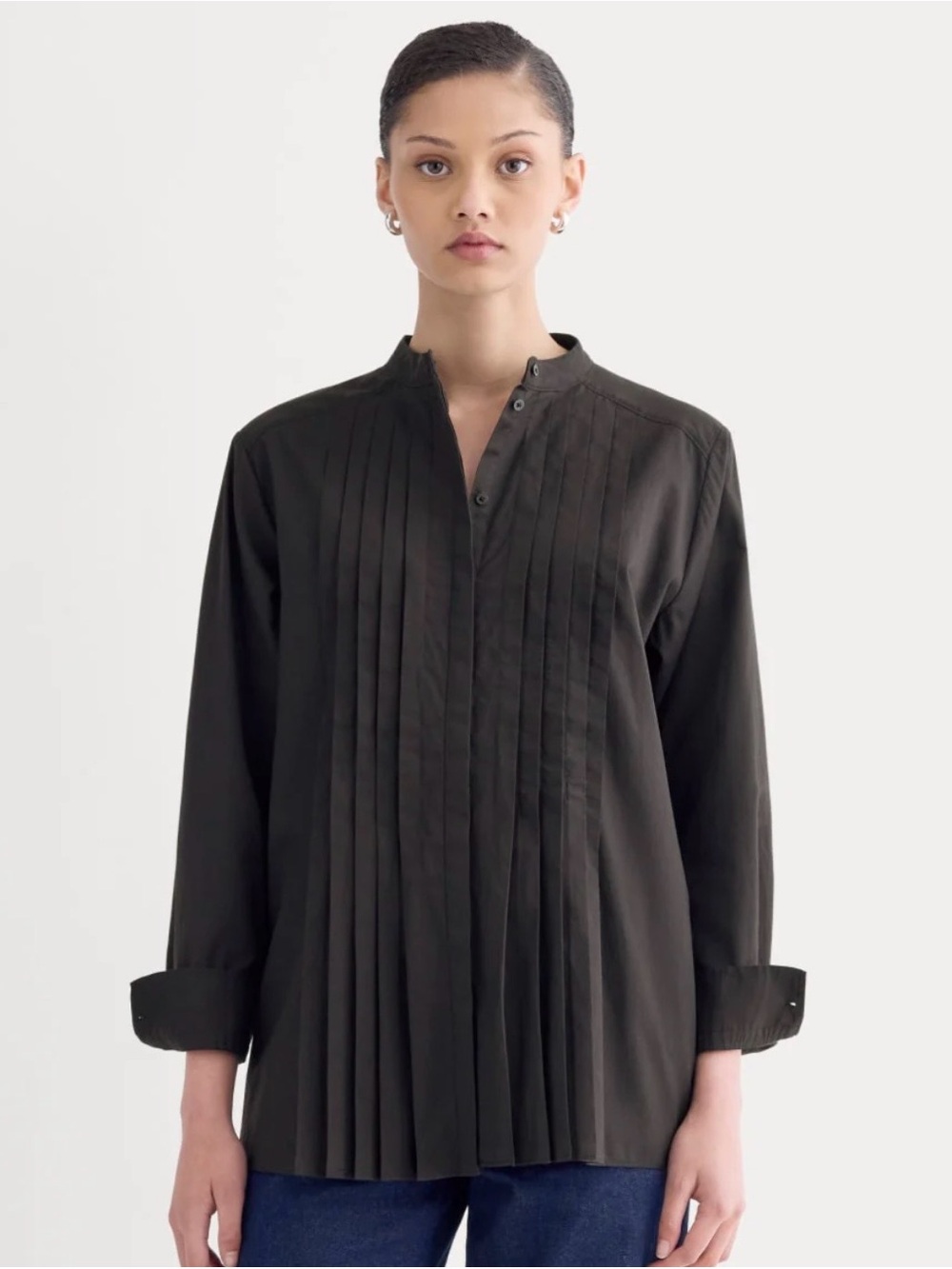 Everlane Pleated Button Front Black Shirt in Silky Cotton with Mandarin-Collar